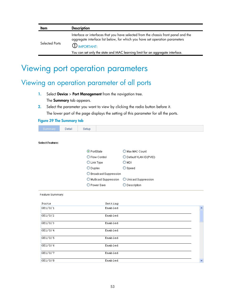 Viewing port operation parameters, Viewing an operation parameter of all ports | H3C Technologies H3C WX3000E Series Wireless Switches User Manual | Page 66 / 459
