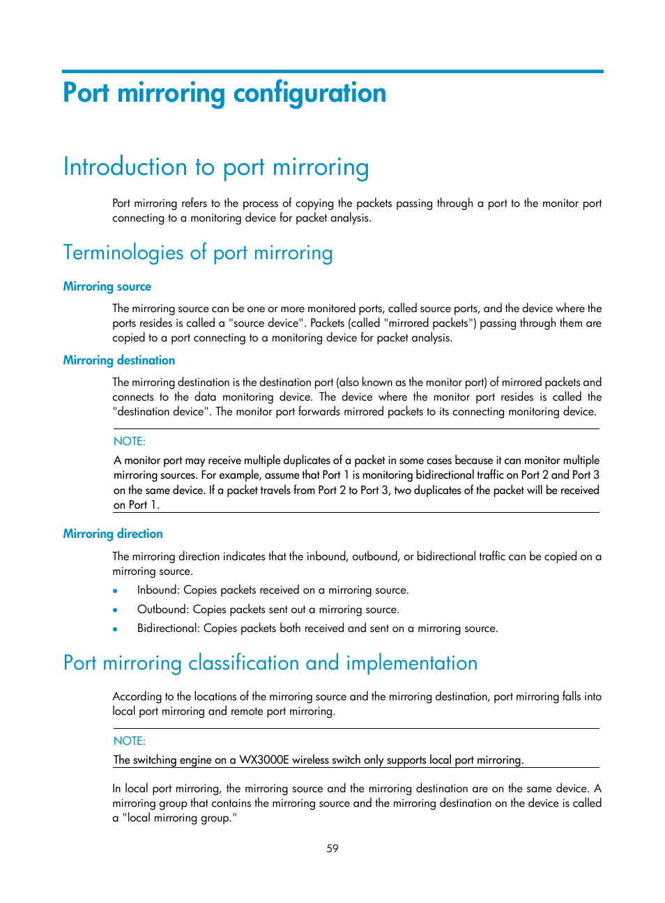 Port mirroring configuration, Introduction to port mirroring, Terminologies of port mirroring | Mirroring source, Mirroring destination, Mirroring direction, Port mirroring classification and implementation | H3C Technologies H3C WX3000E Series Wireless Switches User Manual | Page 72 / 459