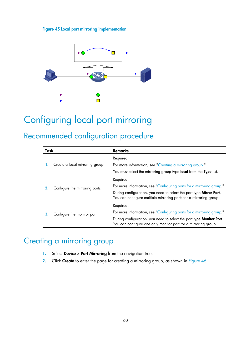 Configuring local port mirroring, Recommended configuration procedure, Creating a mirroring group | H3C Technologies H3C WX3000E Series Wireless Switches User Manual | Page 73 / 459