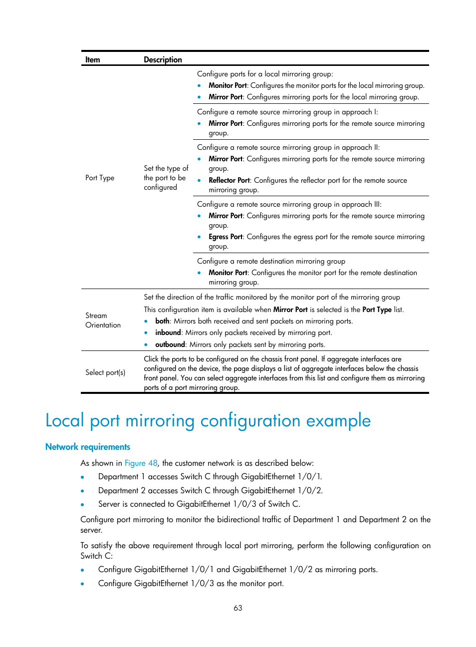 Local port mirroring configuration example, Network requirements | H3C Technologies H3C WX3000E Series Wireless Switches User Manual | Page 76 / 459