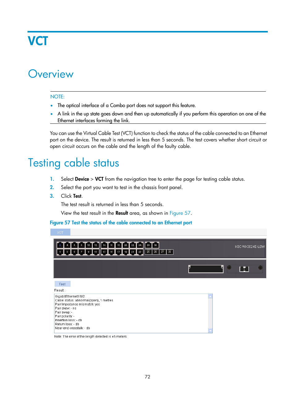 Overview, Testing cable status | H3C Technologies H3C WX3000E Series Wireless Switches User Manual | Page 85 / 459