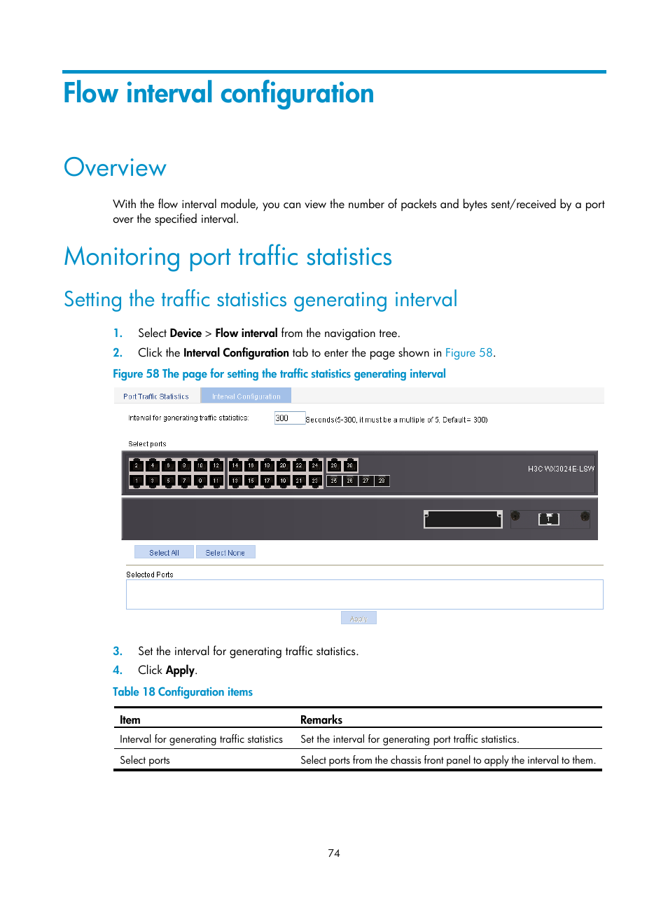Flow interval configuration, Overview, Monitoring port traffic statistics | Setting the traffic statistics generating interval | H3C Technologies H3C WX3000E Series Wireless Switches User Manual | Page 87 / 459
