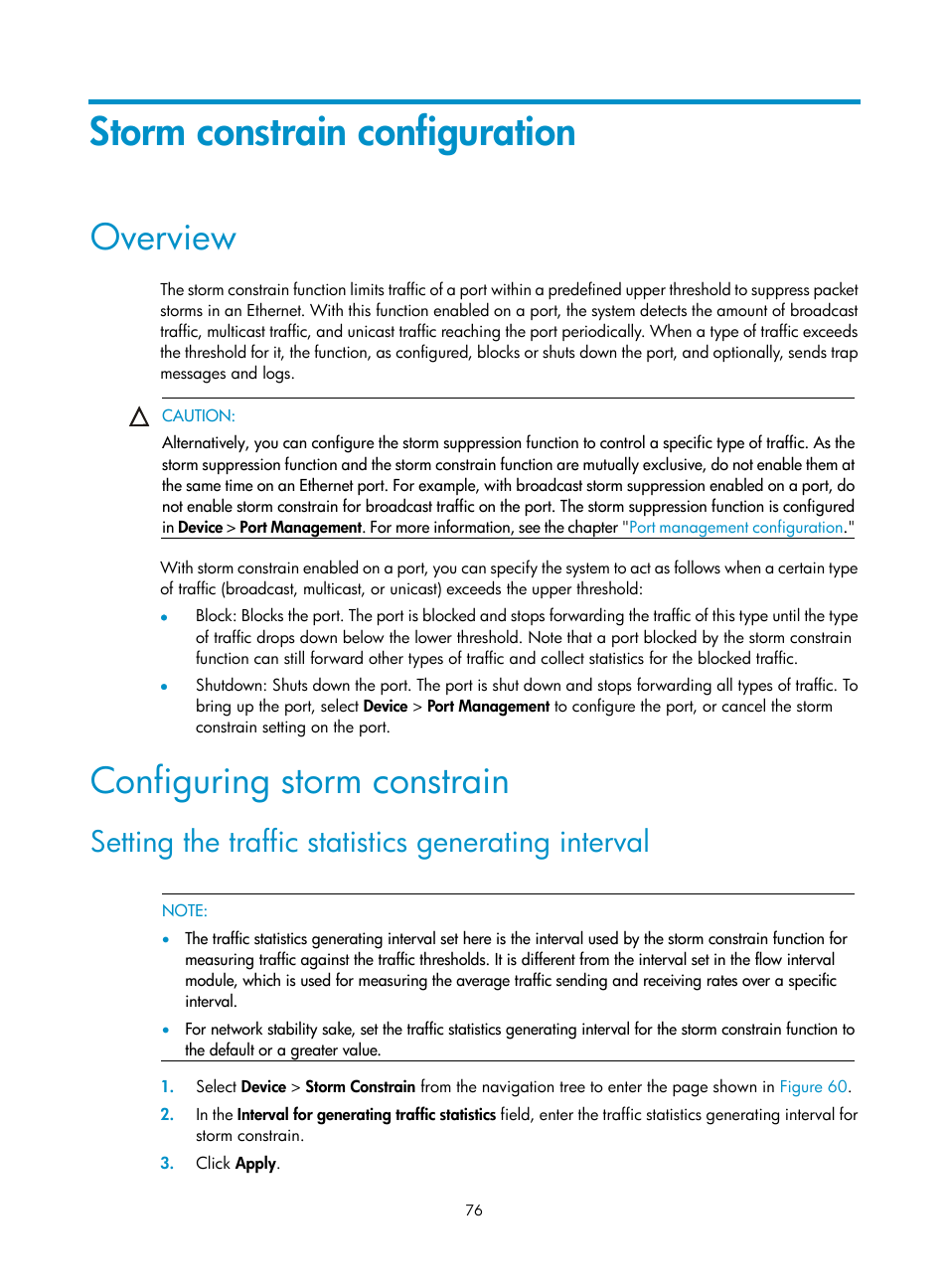 Storm constrain configuration, Overview, Configuring storm constrain | Setting the traffic statistics generating interval | H3C Technologies H3C WX3000E Series Wireless Switches User Manual | Page 89 / 459