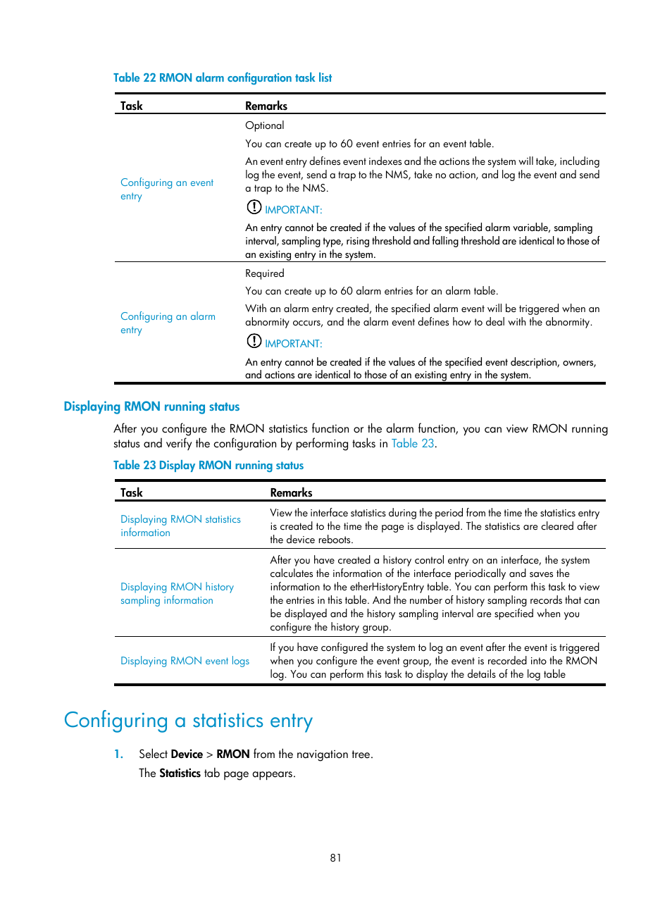 Displaying rmon running status, Configuring a statistics entry, Onfiguring a statistics entry | Table 22 | H3C Technologies H3C WX3000E Series Wireless Switches User Manual | Page 94 / 459