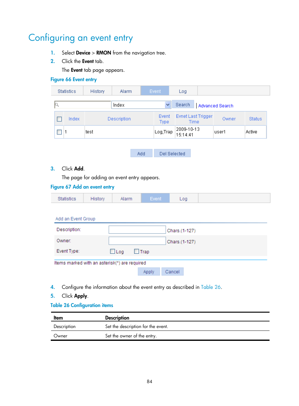 Configuring an event entry | H3C Technologies H3C WX3000E Series Wireless Switches User Manual | Page 97 / 459