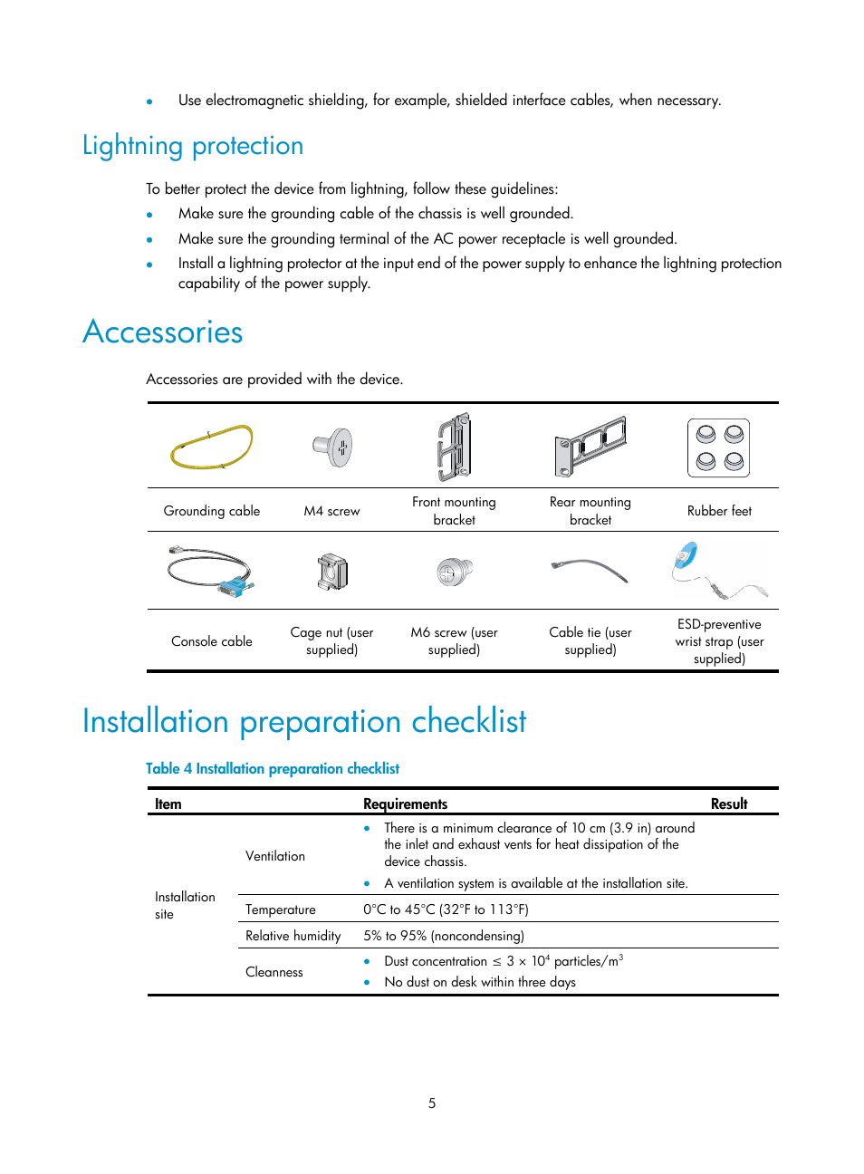 Lightning protection, Accessories, Installation preparation checklist | H3C Technologies H3C WX5500E Series Access Controllers User Manual | Page 11 / 59