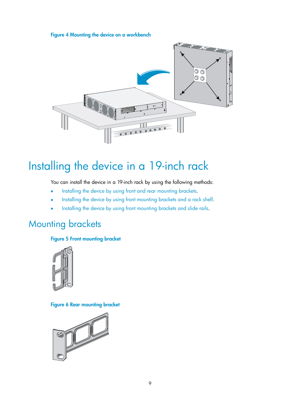 Installing the device in a 19-inch rack, Mounting brackets | H3C Technologies H3C WX5500E Series Access Controllers User Manual | Page 15 / 59