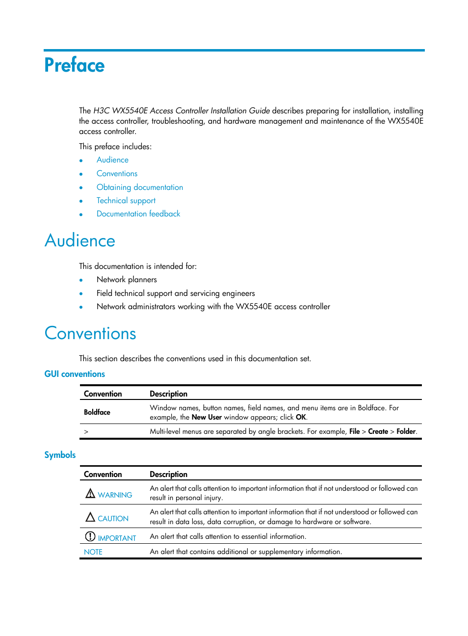 Preface, Audience, Conventions | Gui conventions, Symbols | H3C Technologies H3C WX5500E Series Access Controllers User Manual | Page 3 / 59