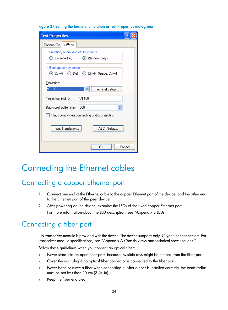 Connecting the ethernet cables, Connecting a copper ethernet port, Connecting a fiber port | H3C Technologies H3C WX5500E Series Access Controllers User Manual | Page 30 / 59