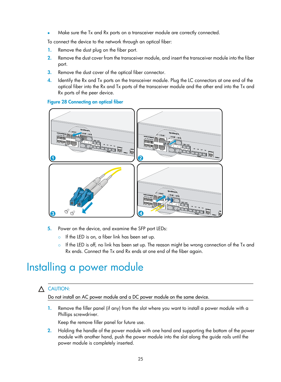 Installing a power module | H3C Technologies H3C WX5500E Series Access Controllers User Manual | Page 31 / 59