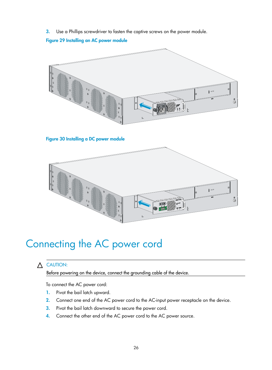 Connecting the ac power cord | H3C Technologies H3C WX5500E Series Access Controllers User Manual | Page 32 / 59