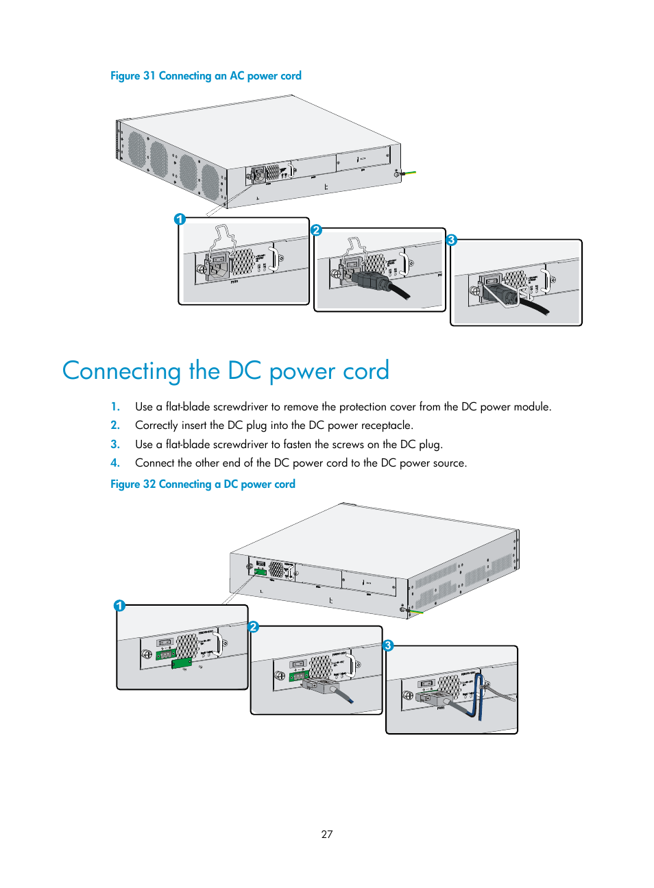 Connecting the dc power cord | H3C Technologies H3C WX5500E Series Access Controllers User Manual | Page 33 / 59