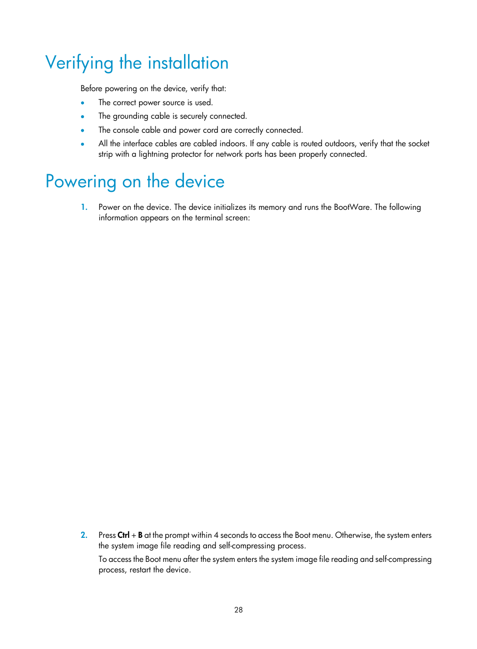 Verifying the installation, Powering on the device | H3C Technologies H3C WX5500E Series Access Controllers User Manual | Page 34 / 59