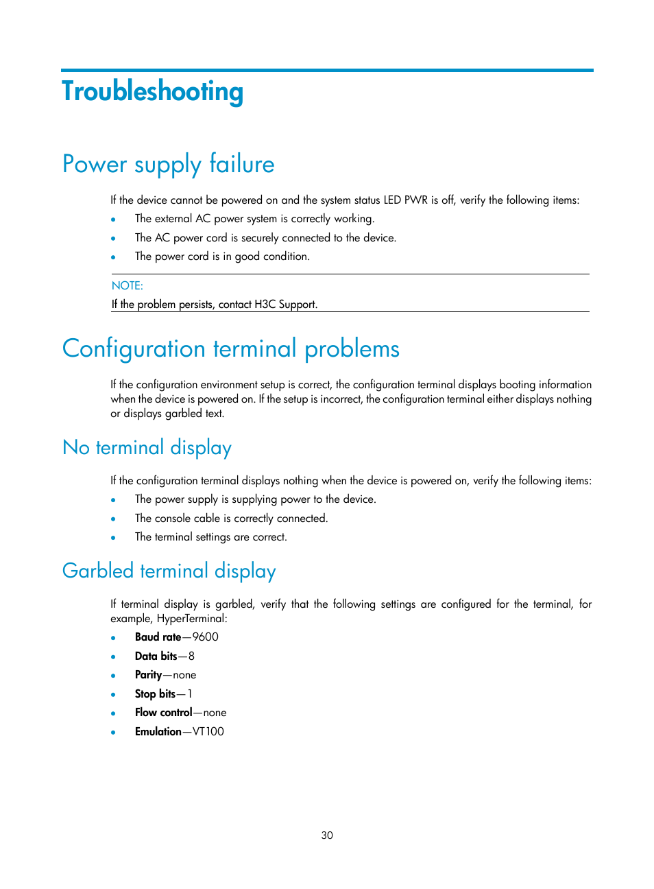 Troubleshooting, Power supply failure, Configuration terminal problems | No terminal display, Garbled terminal display | H3C Technologies H3C WX5500E Series Access Controllers User Manual | Page 36 / 59