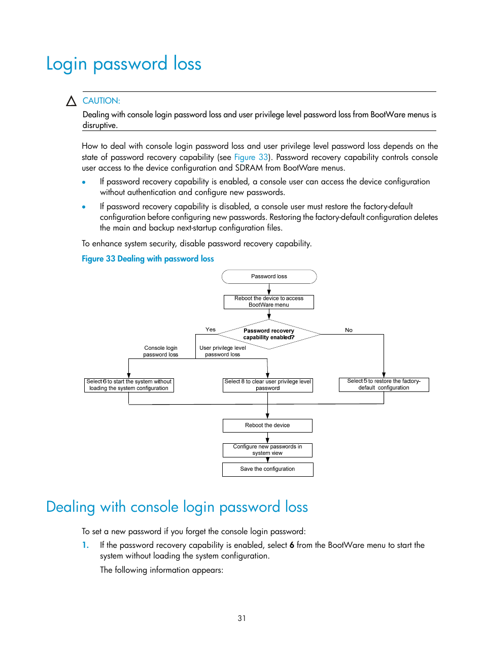 Login password loss, Dealing with console login password loss | H3C Technologies H3C WX5500E Series Access Controllers User Manual | Page 37 / 59