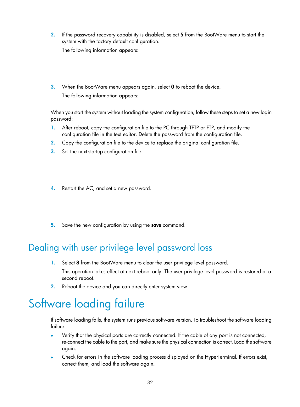 Dealing with user privilege level password loss, Software loading failure | H3C Technologies H3C WX5500E Series Access Controllers User Manual | Page 38 / 59