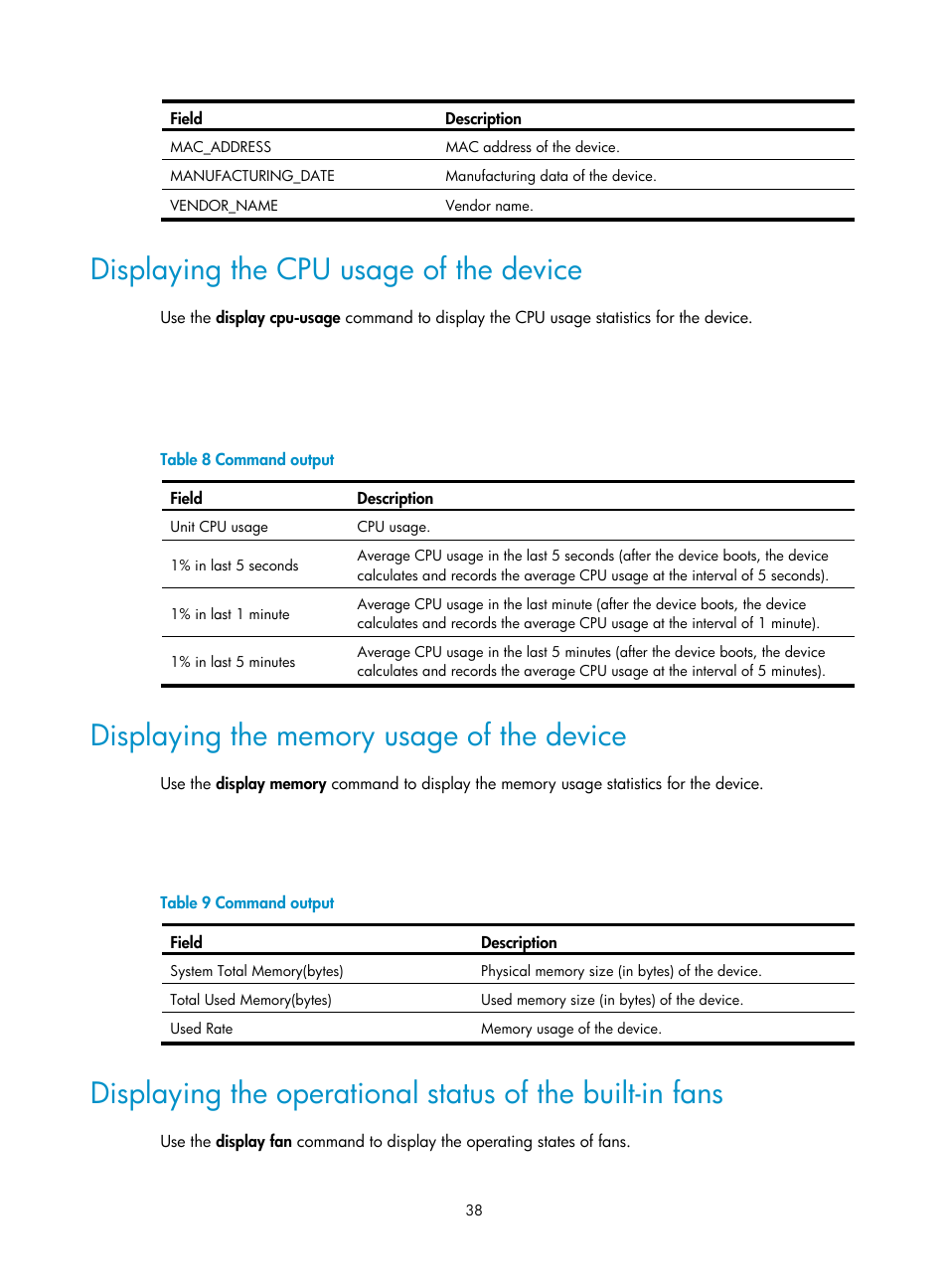 Displaying the cpu usage of the device, Displaying the memory usage of the device | H3C Technologies H3C WX5500E Series Access Controllers User Manual | Page 44 / 59