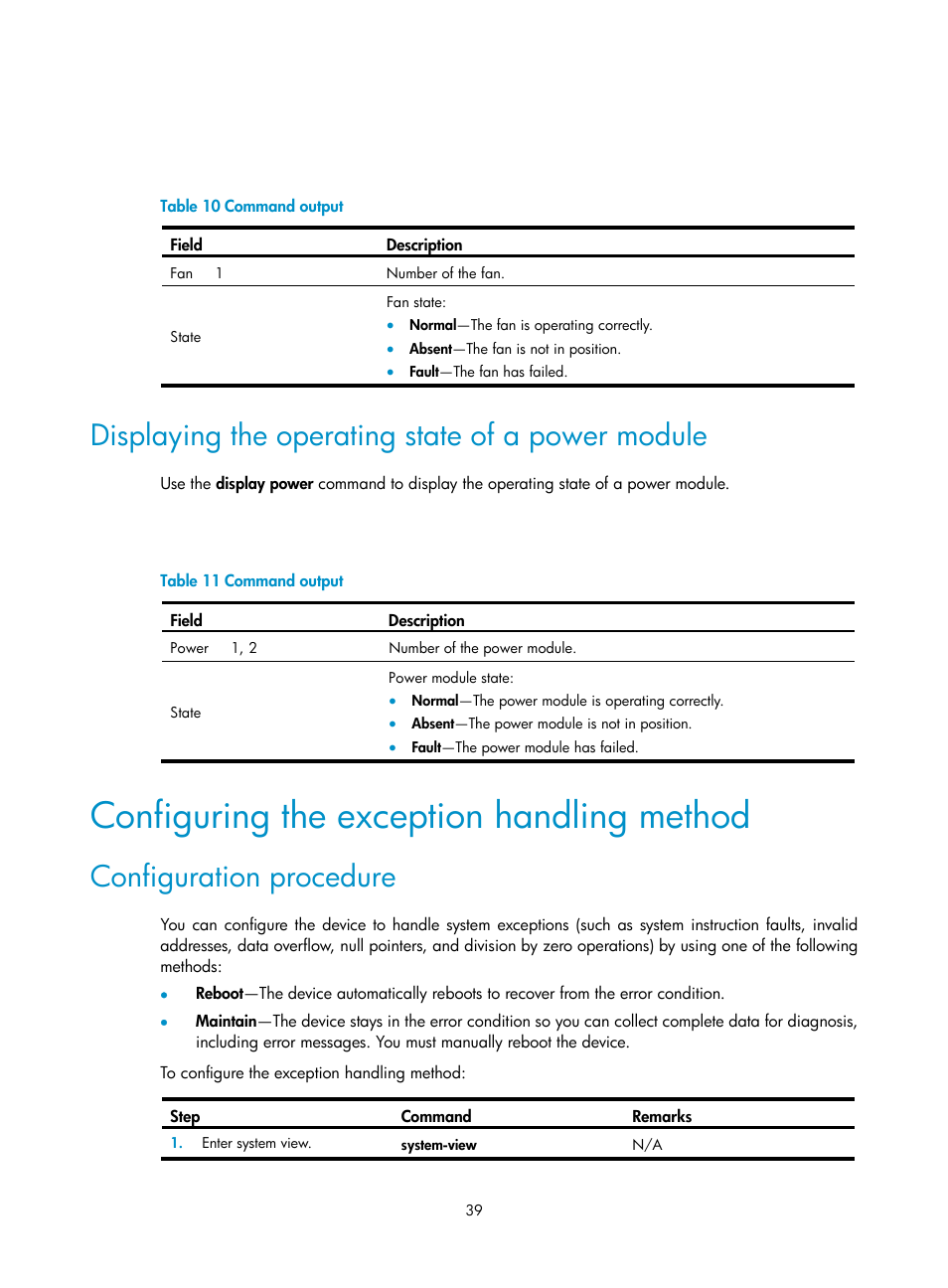 Displaying the operating state of a power module, Configuring the exception handling method, Configuration procedure | H3C Technologies H3C WX5500E Series Access Controllers User Manual | Page 45 / 59