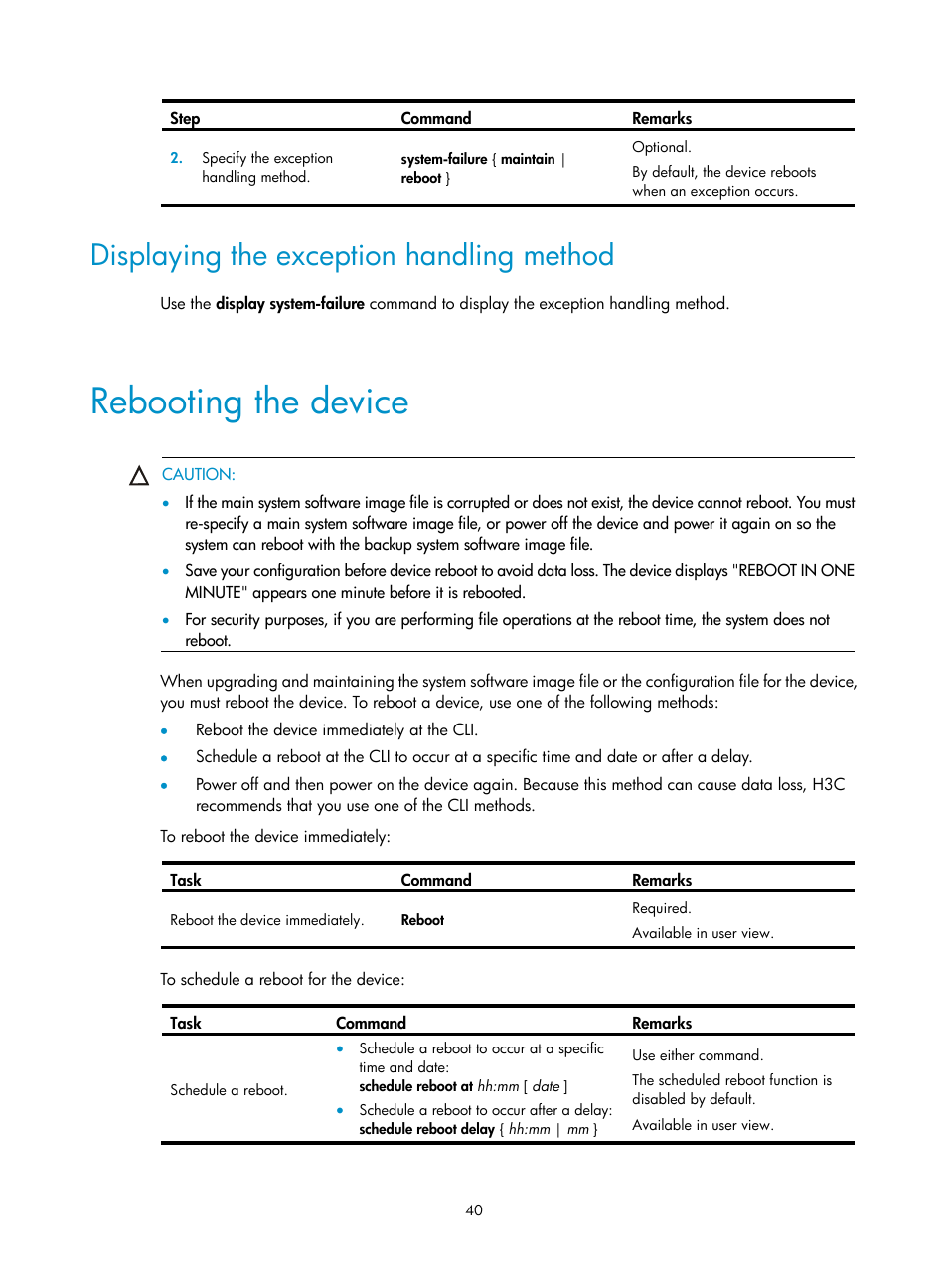 Displaying the exception handling method, Rebooting the device | H3C Technologies H3C WX5500E Series Access Controllers User Manual | Page 46 / 59