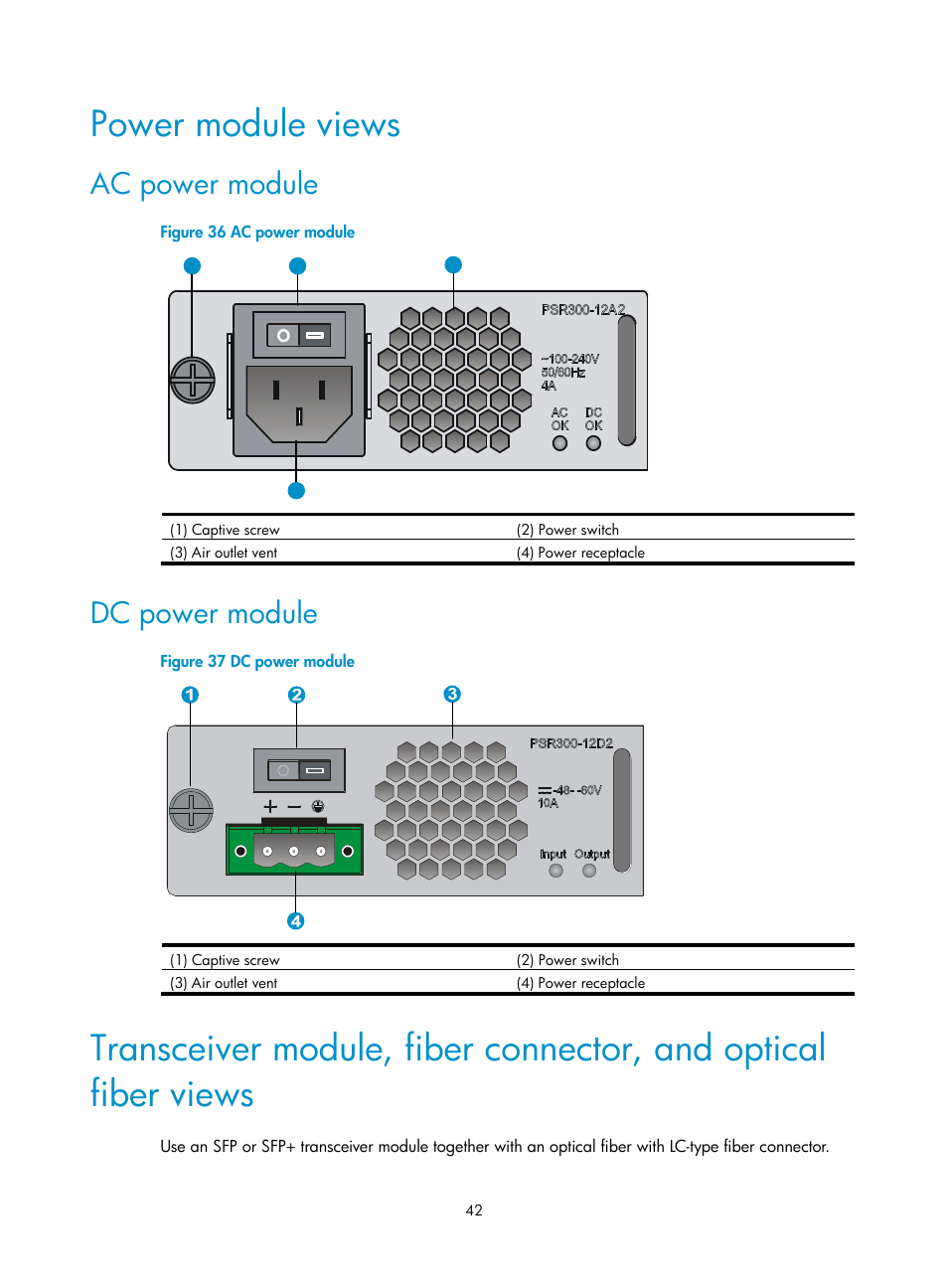 Power module views, Ac power module, Dc power module | H3C Technologies H3C WX5500E Series Access Controllers User Manual | Page 48 / 59