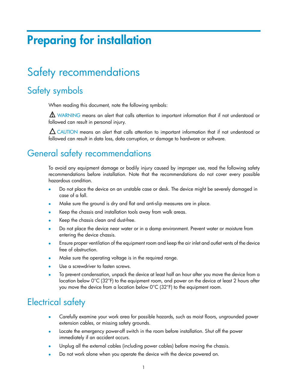 Preparing for installation, Safety recommendations, Safety symbols | General safety recommendations, Electrical safety | H3C Technologies H3C WX5500E Series Access Controllers User Manual | Page 7 / 59