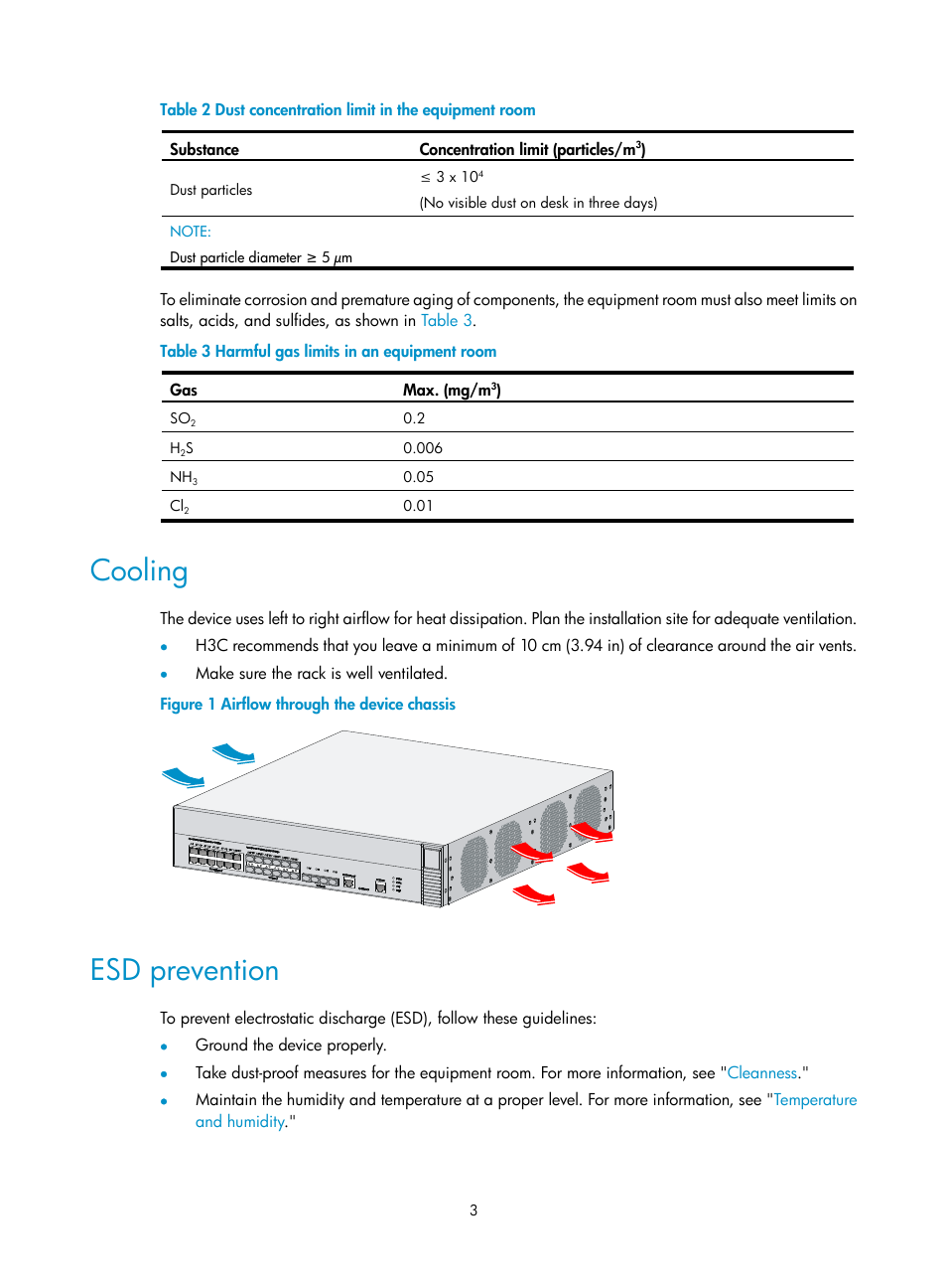 Cooling, Esd prevention, Table 2 | H3C Technologies H3C WX5500E Series Access Controllers User Manual | Page 9 / 59