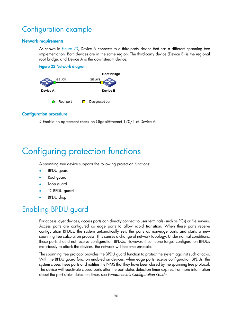 Configuration example, Network requirements, Configuration procedure | Configuring protection functions, Enabling bpdu guard | H3C Technologies H3C WX5500E Series Access Controllers User Manual | Page 101 / 221