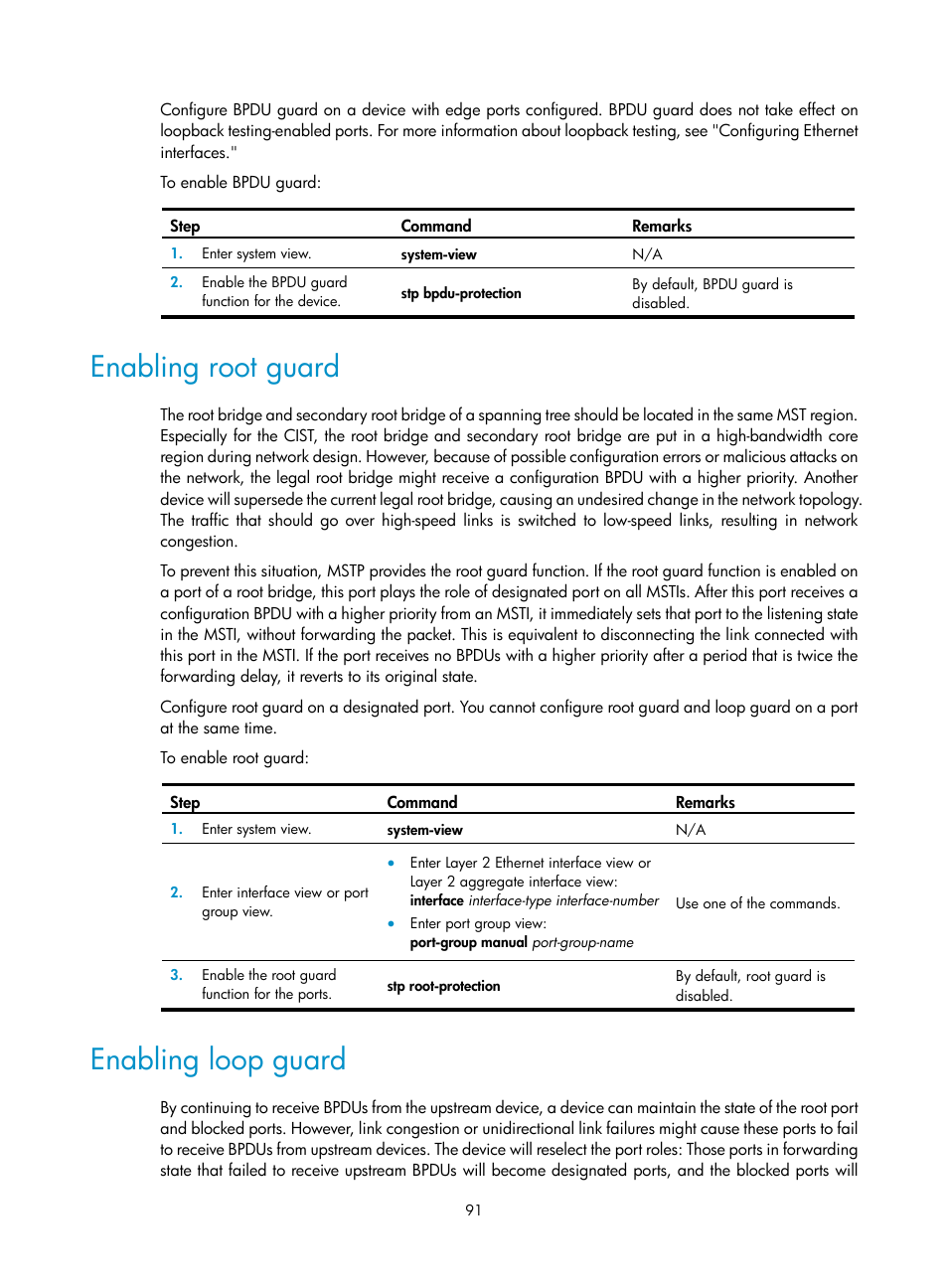 Enabling root guard, Enabling loop guard | H3C Technologies H3C WX5500E Series Access Controllers User Manual | Page 102 / 221