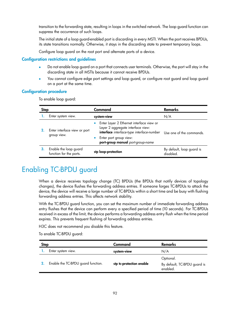 Configuration restrictions and guidelines, Configuration procedure, Enabling tc-bpdu guard | H3C Technologies H3C WX5500E Series Access Controllers User Manual | Page 103 / 221