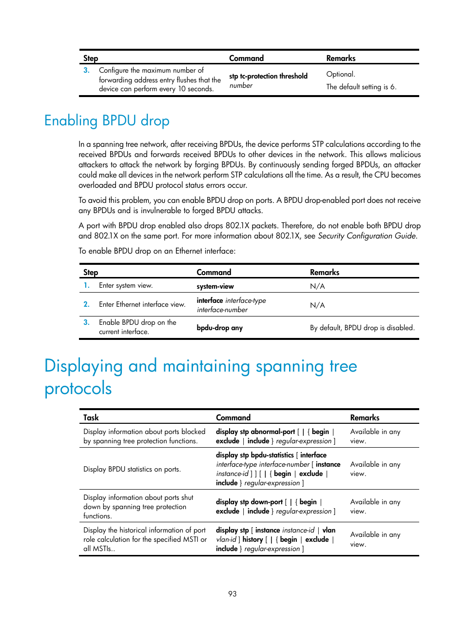 Enabling bpdu drop, Displaying and maintaining spanning tree protocols | H3C Technologies H3C WX5500E Series Access Controllers User Manual | Page 104 / 221