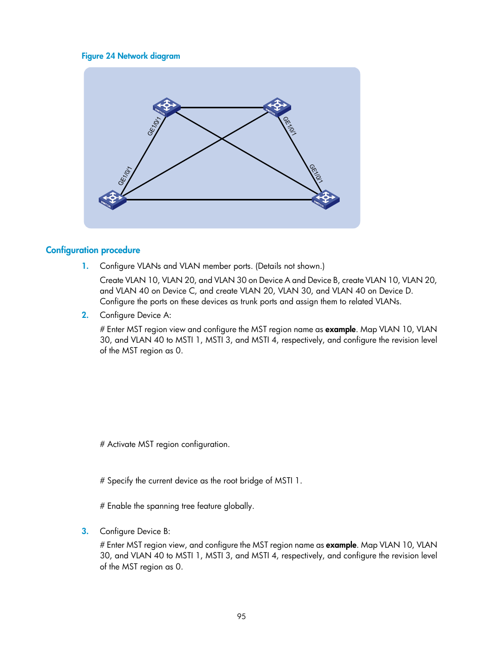 Configuration procedure, Figure 24 network diagram, Activate mst region configuration | Enable the spanning tree feature globally | H3C Technologies H3C WX5500E Series Access Controllers User Manual | Page 106 / 221