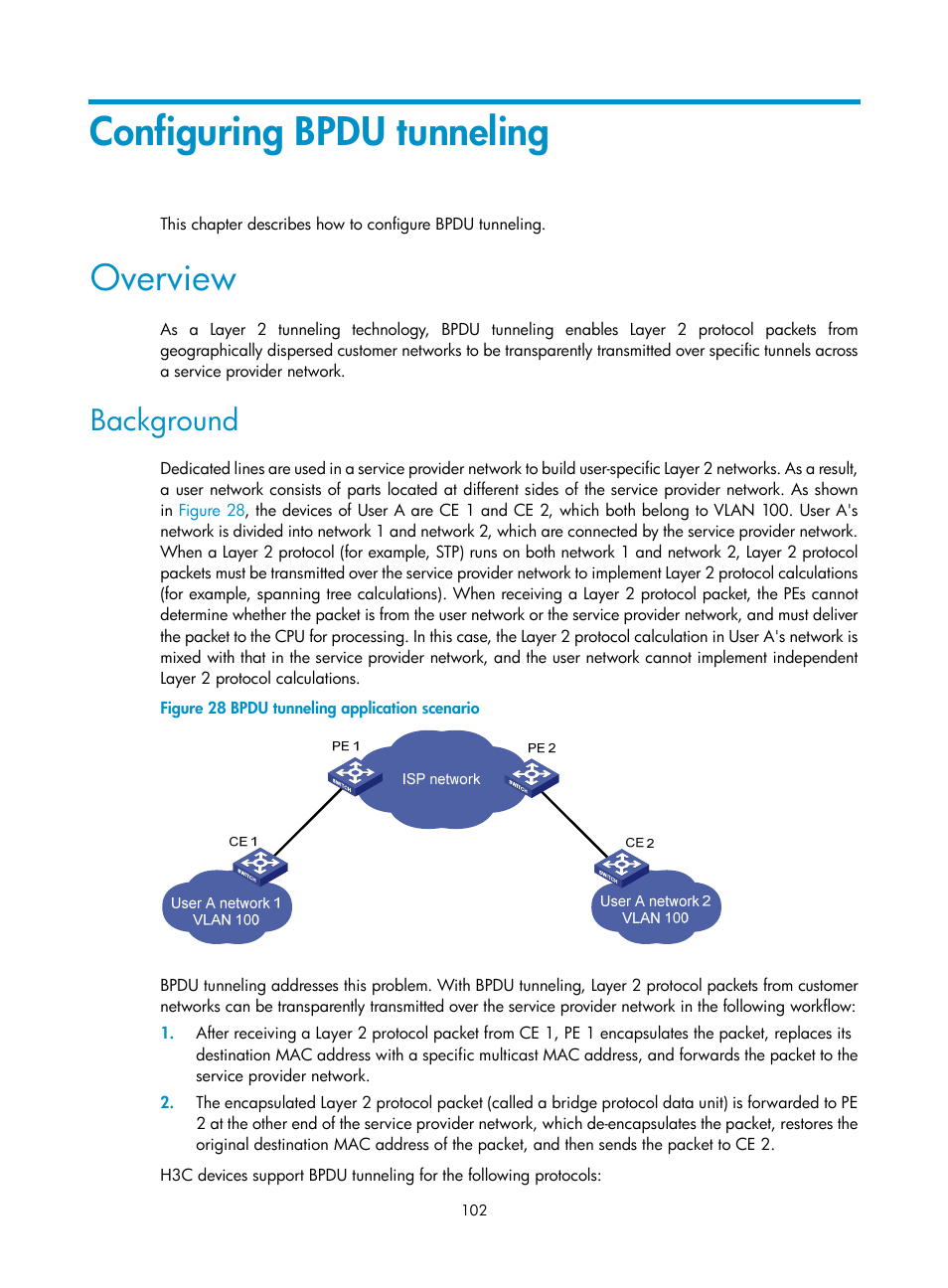 Configuring bpdu tunneling, Overview, Background | H3C Technologies H3C WX5500E Series Access Controllers User Manual | Page 113 / 221