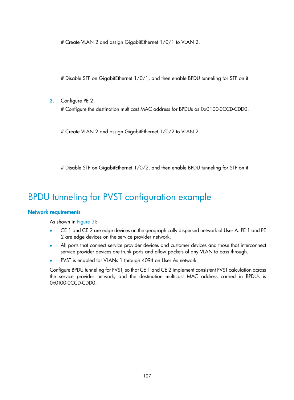 Bpdu tunneling for pvst configuration example, Network requirements | H3C Technologies H3C WX5500E Series Access Controllers User Manual | Page 118 / 221