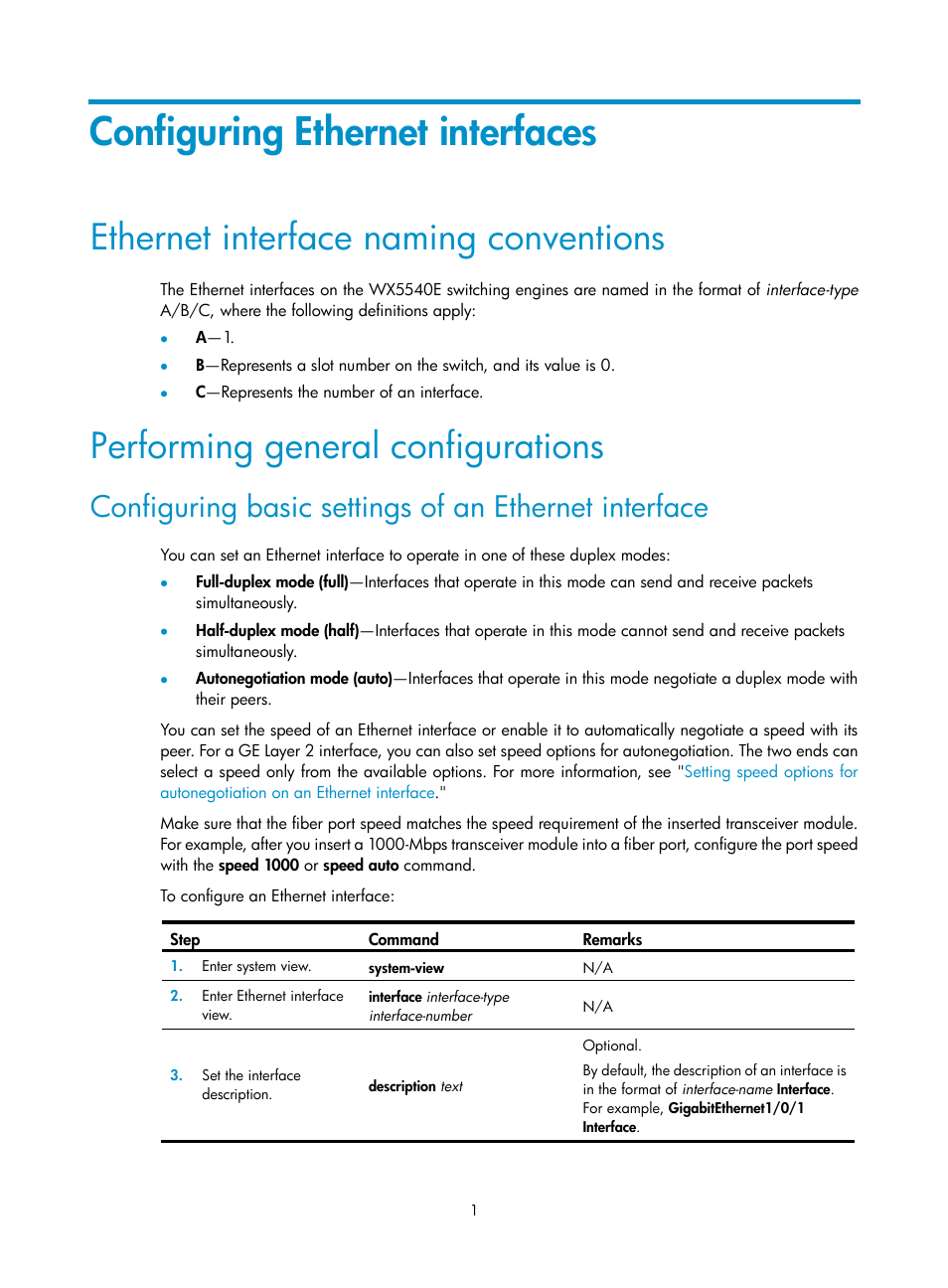 Configuring ethernet interfaces, Ethernet interface naming conventions, Performing general configurations | H3C Technologies H3C WX5500E Series Access Controllers User Manual | Page 12 / 221