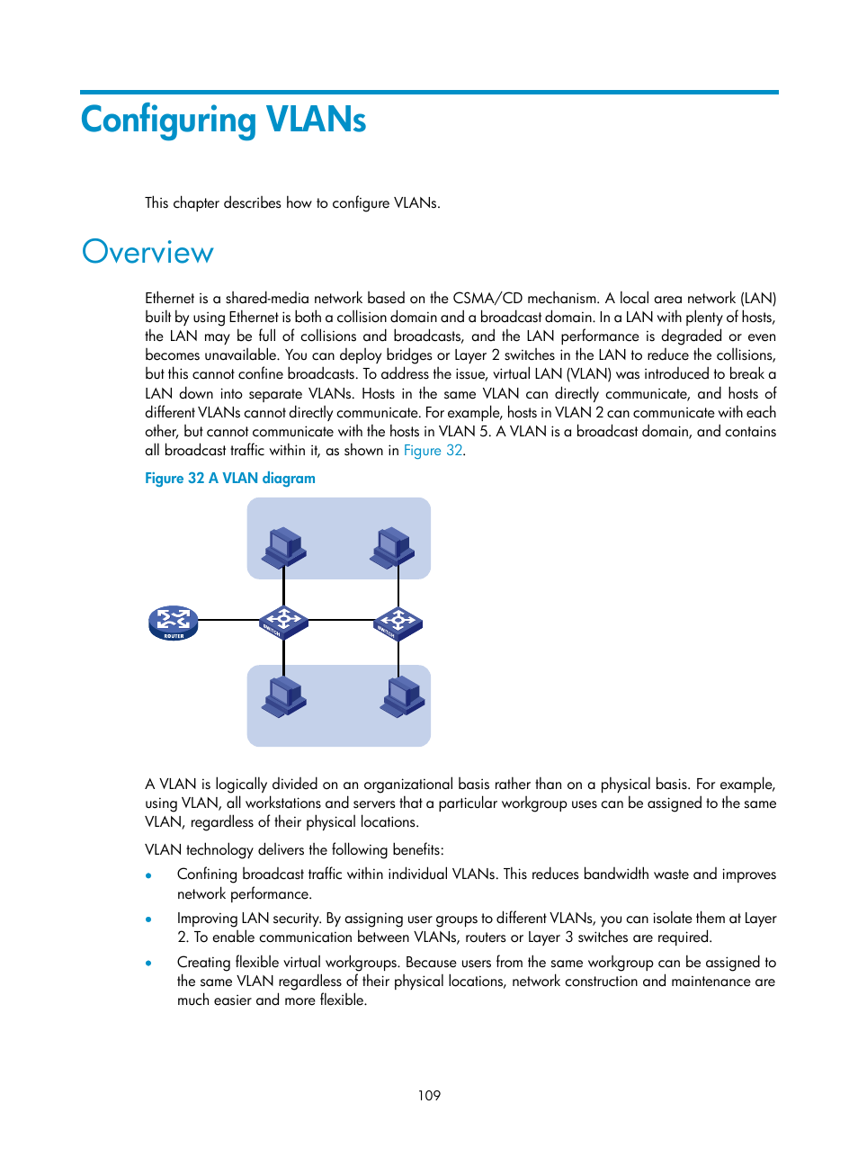 Configuring vlans, Overview | H3C Technologies H3C WX5500E Series Access Controllers User Manual | Page 120 / 221