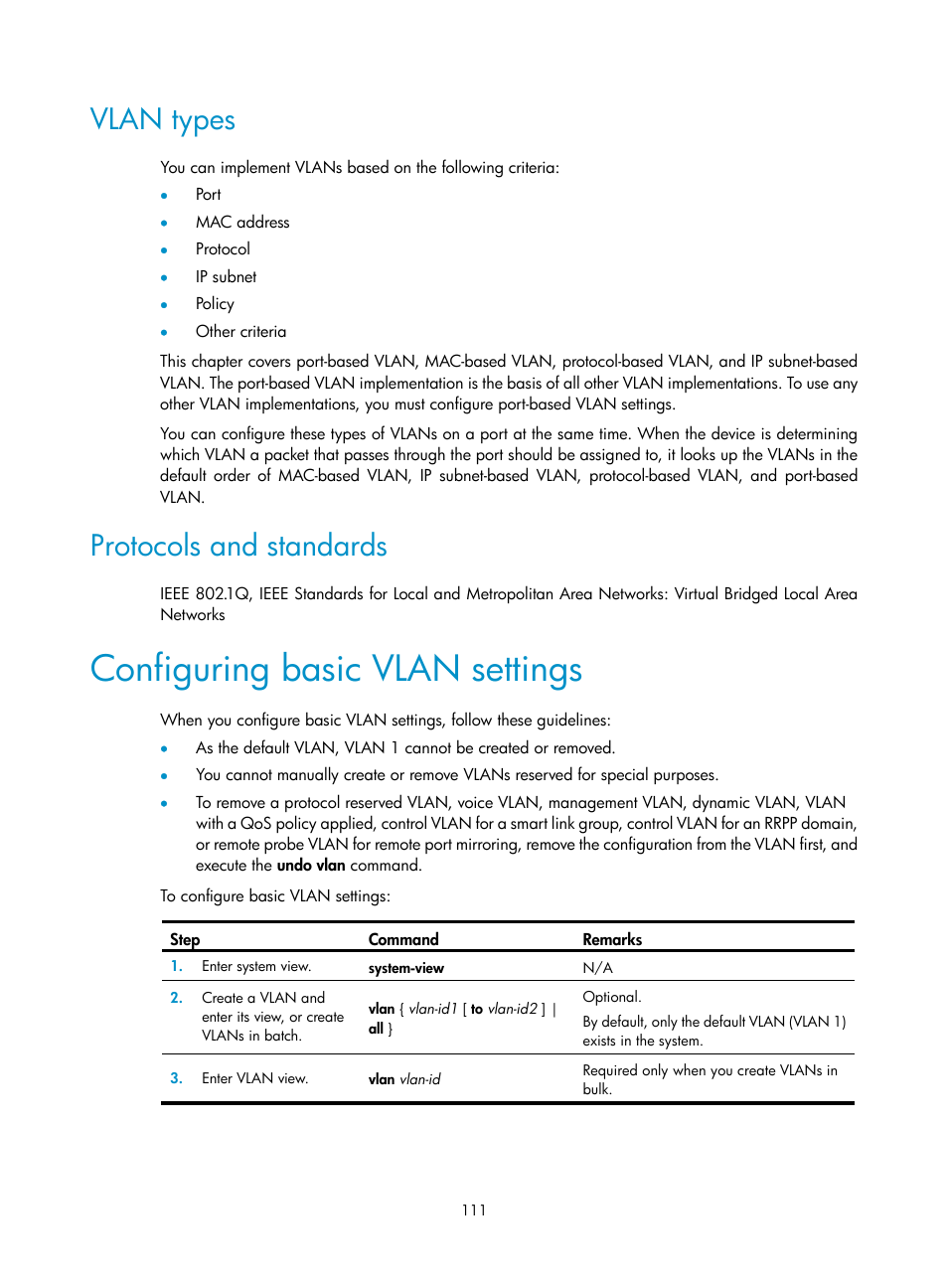 Vlan types, Protocols and standards, Configuring basic vlan settings | H3C Technologies H3C WX5500E Series Access Controllers User Manual | Page 122 / 221