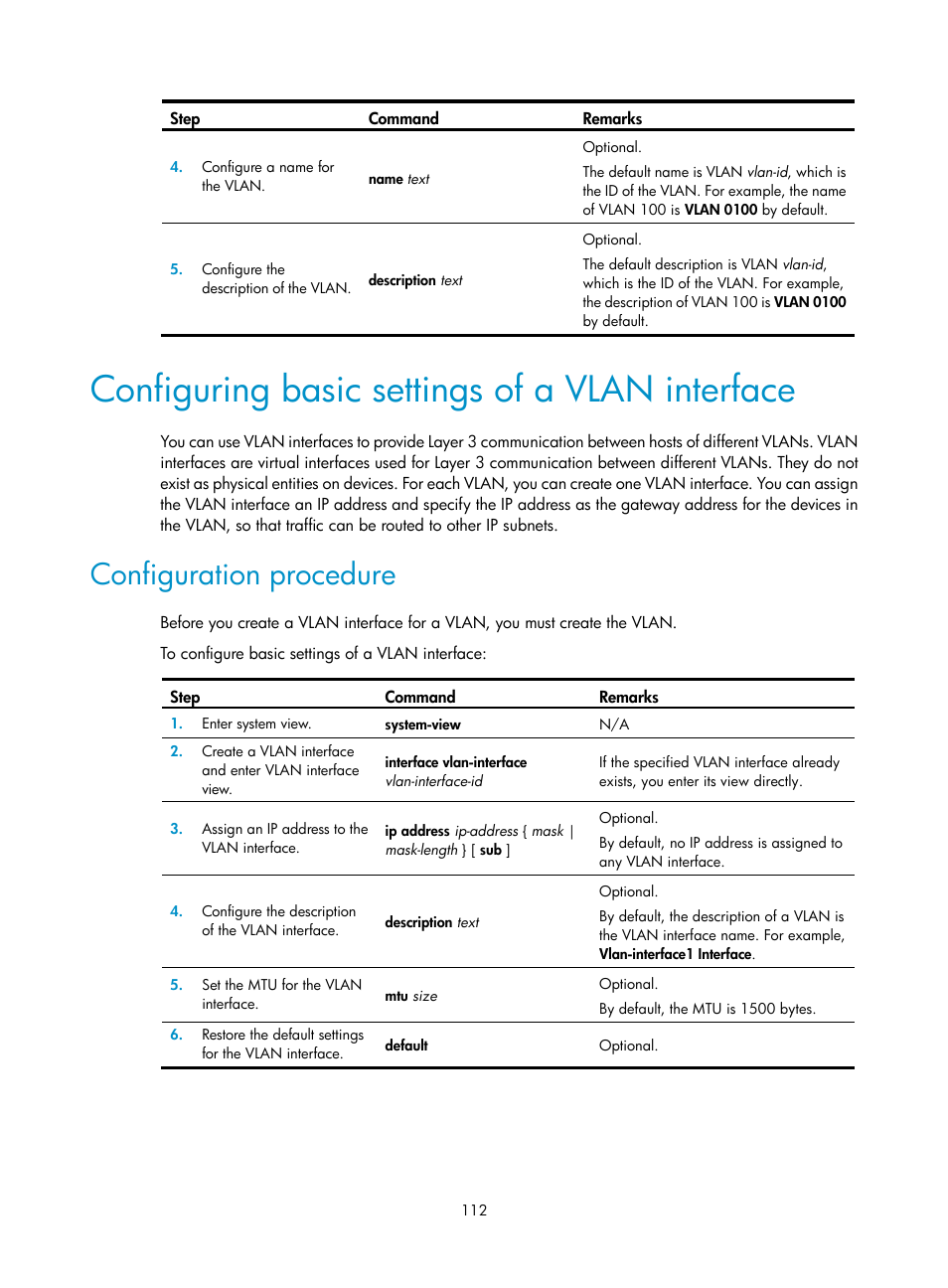 Configuring basic settings of a vlan interface, Configuration procedure | H3C Technologies H3C WX5500E Series Access Controllers User Manual | Page 123 / 221