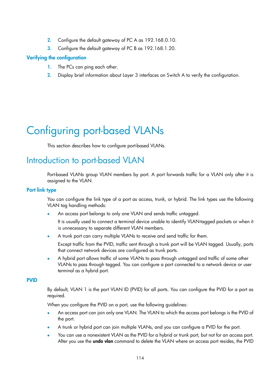 Verifying the configuration, Configuring port-based vlans, Introduction to port-based vlan | Port link type, Pvid | H3C Technologies H3C WX5500E Series Access Controllers User Manual | Page 125 / 221