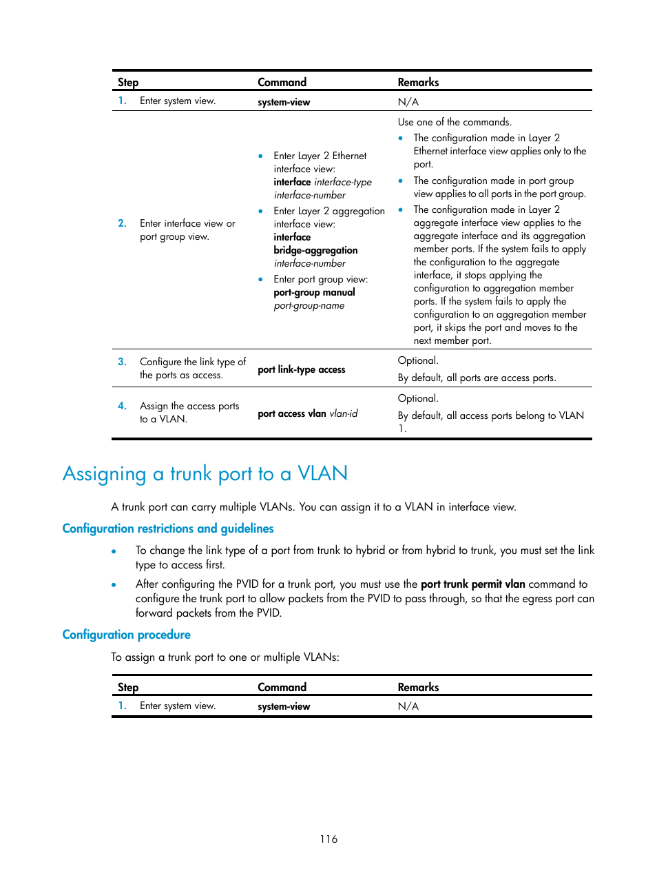 Assigning a trunk port to a vlan, Configuration restrictions and guidelines, Configuration procedure | H3C Technologies H3C WX5500E Series Access Controllers User Manual | Page 127 / 221