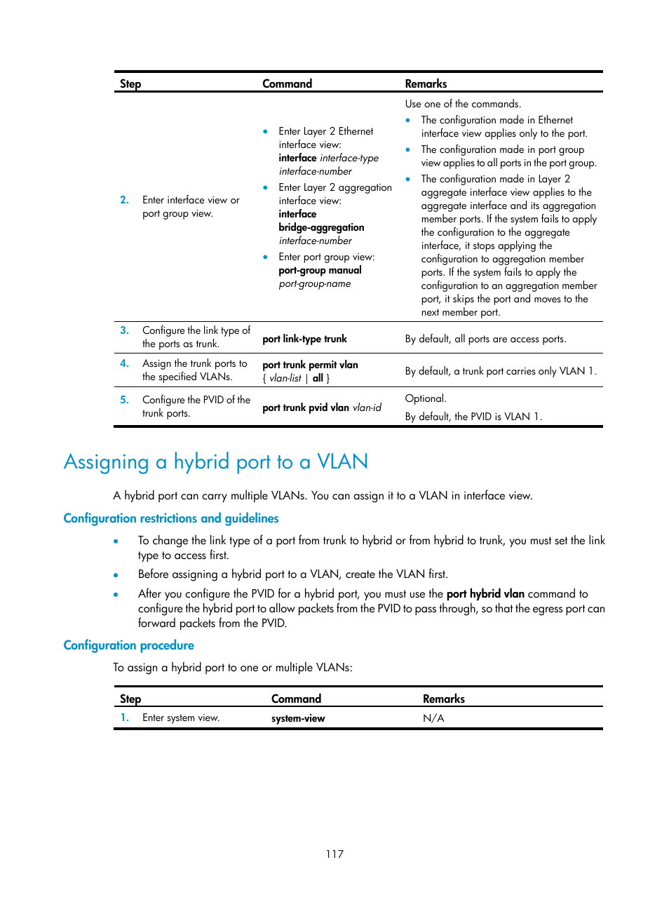 Assigning a hybrid port to a vlan, Configuration restrictions and guidelines, Configuration procedure | H3C Technologies H3C WX5500E Series Access Controllers User Manual | Page 128 / 221