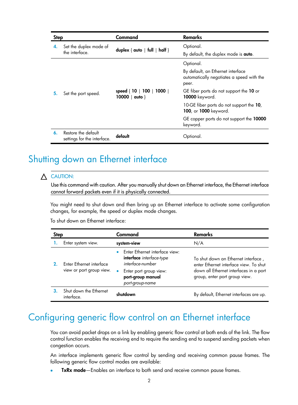 Shutting down an ethernet interface | H3C Technologies H3C WX5500E Series Access Controllers User Manual | Page 13 / 221