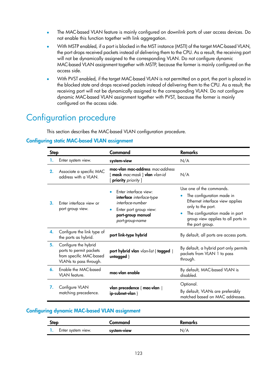 Configuration procedure, Configuring static mac-based vlan assignment, Configuring dynamic mac-based vlan assignment | H3C Technologies H3C WX5500E Series Access Controllers User Manual | Page 134 / 221