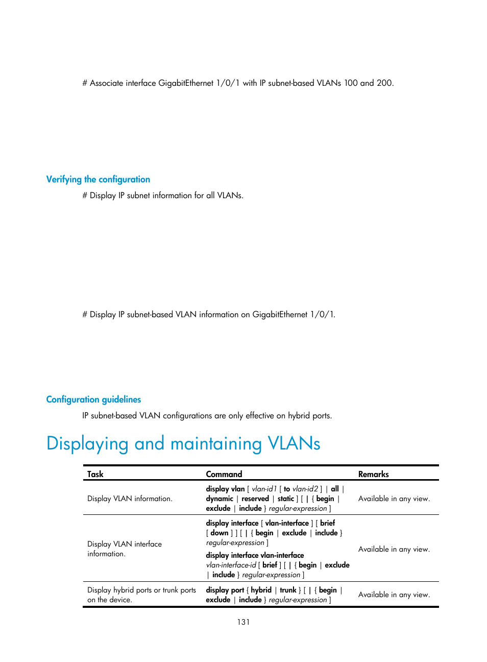 Verifying the configuration, Configuration guidelines, Displaying and maintaining vlans | H3C Technologies H3C WX5500E Series Access Controllers User Manual | Page 142 / 221