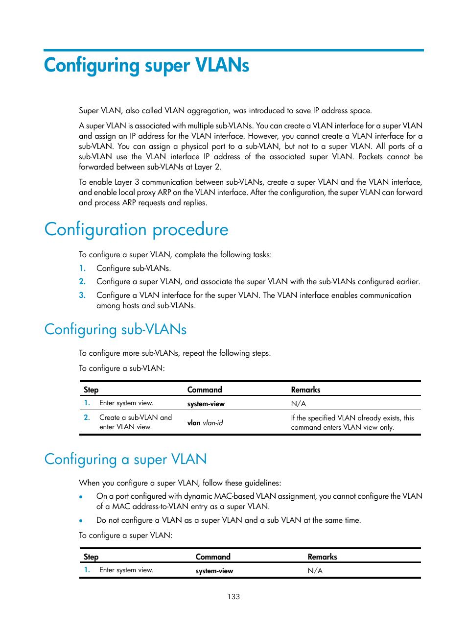 Configuring super vlans, Configuration procedure, Configuring sub-vlans | Configuring a super vlan | H3C Technologies H3C WX5500E Series Access Controllers User Manual | Page 144 / 221