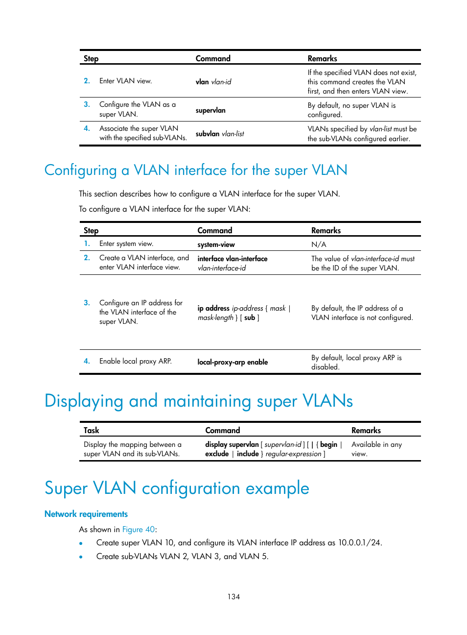 Configuring a vlan interface for the super vlan, Displaying and maintaining super vlans, Super vlan configuration example | Network requirements | H3C Technologies H3C WX5500E Series Access Controllers User Manual | Page 145 / 221