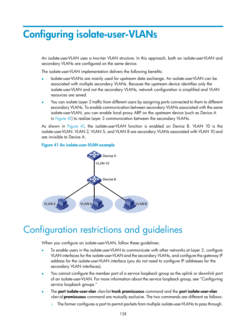 Configuring isolate-user-vlans, Configuration restrictions and guidelines | H3C Technologies H3C WX5500E Series Access Controllers User Manual | Page 149 / 221