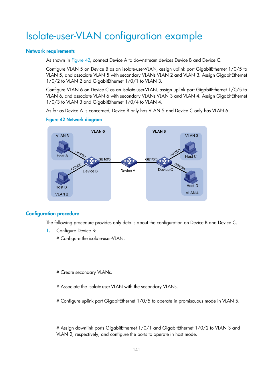 Isolate-user-vlan configuration example, Network requirements, Configuration procedure | H3C Technologies H3C WX5500E Series Access Controllers User Manual | Page 152 / 221