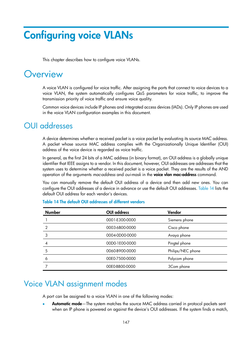 Configuring voice vlans, Overview, Oui addresses | Voice vlan assignment modes | H3C Technologies H3C WX5500E Series Access Controllers User Manual | Page 158 / 221