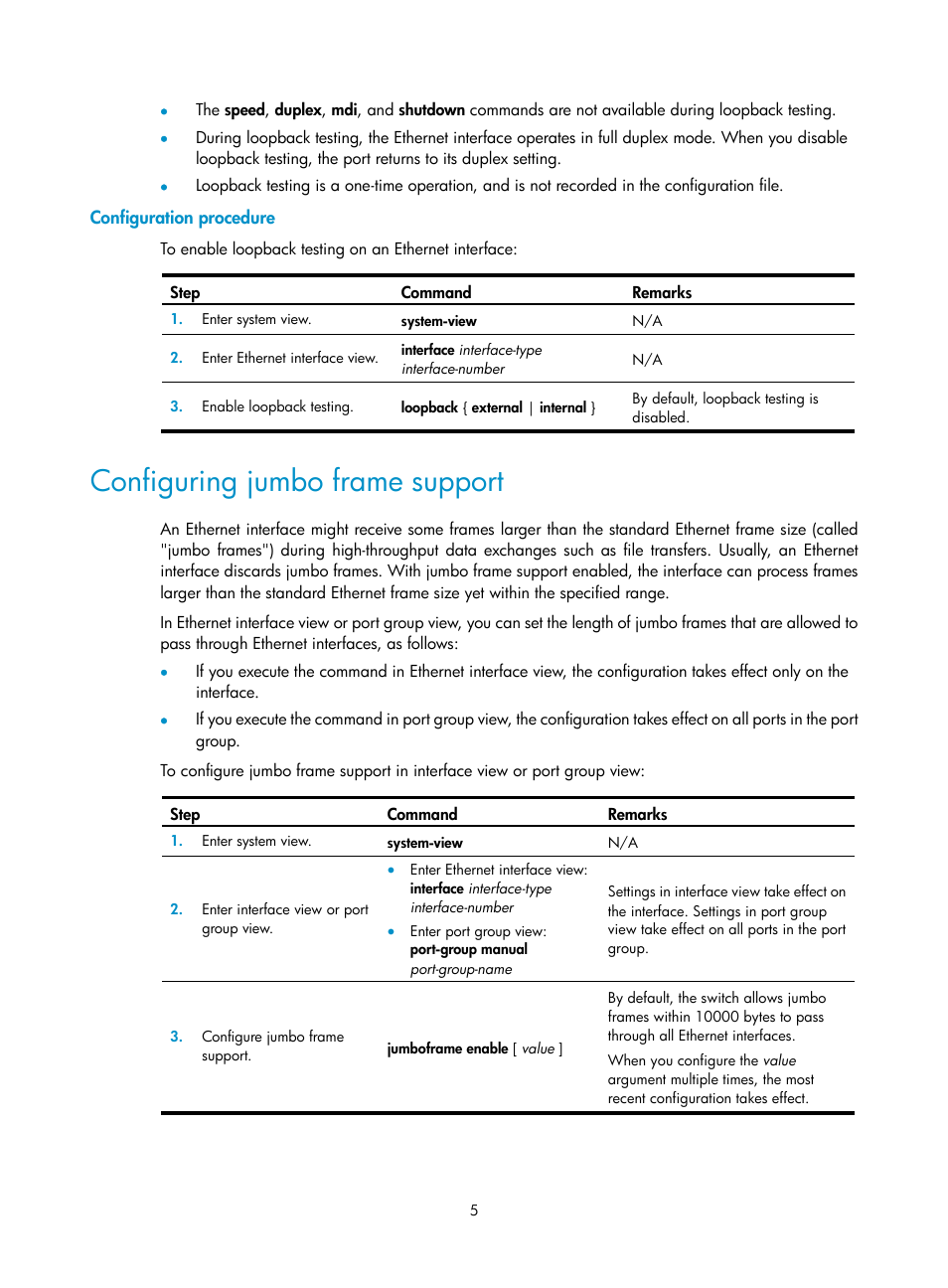 Configuration procedure, Configuring jumbo frame support | H3C Technologies H3C WX5500E Series Access Controllers User Manual | Page 16 / 221