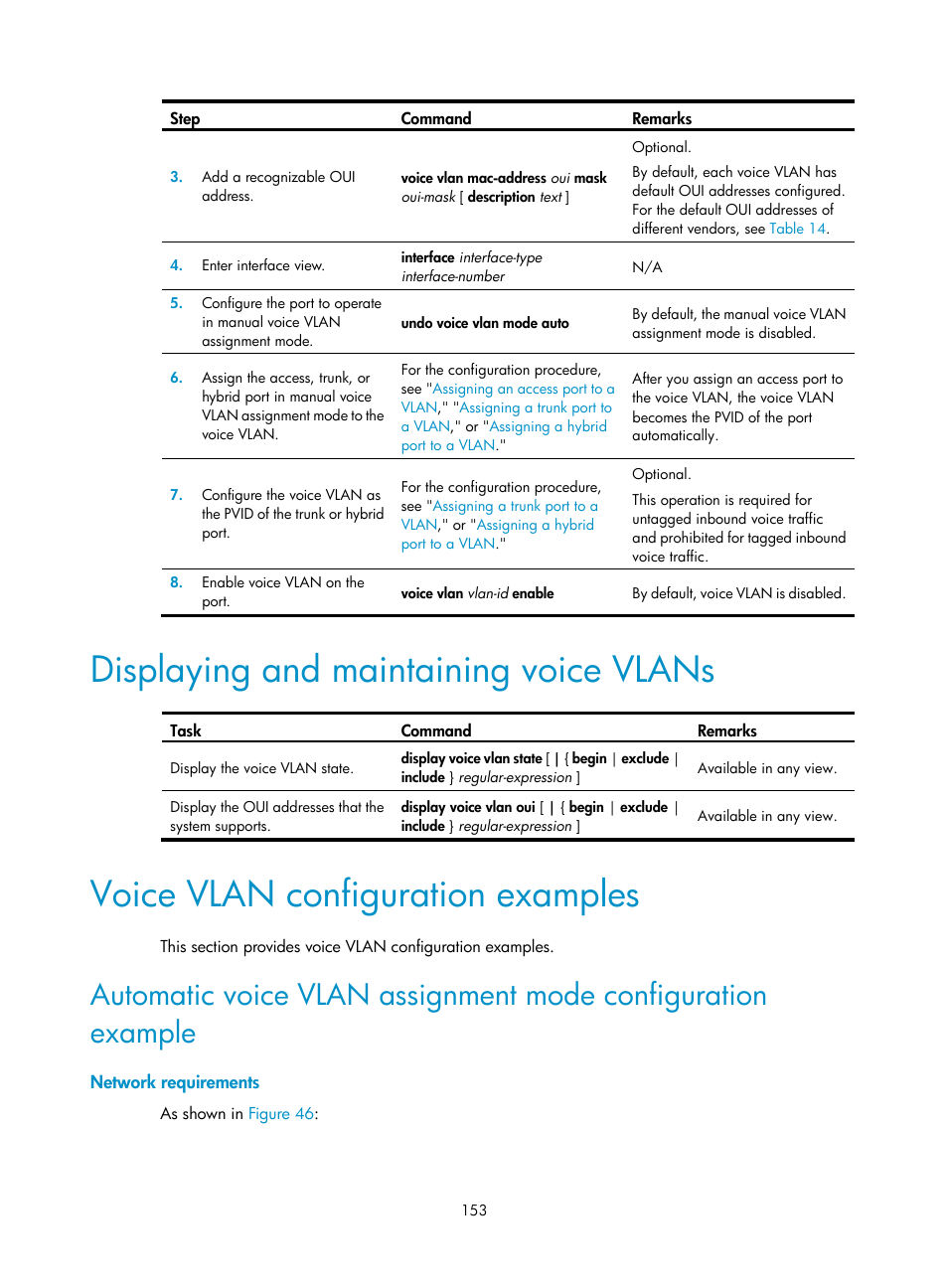 Displaying and maintaining voice vlans, Voice vlan configuration examples, Network requirements | H3C Technologies H3C WX5500E Series Access Controllers User Manual | Page 164 / 221